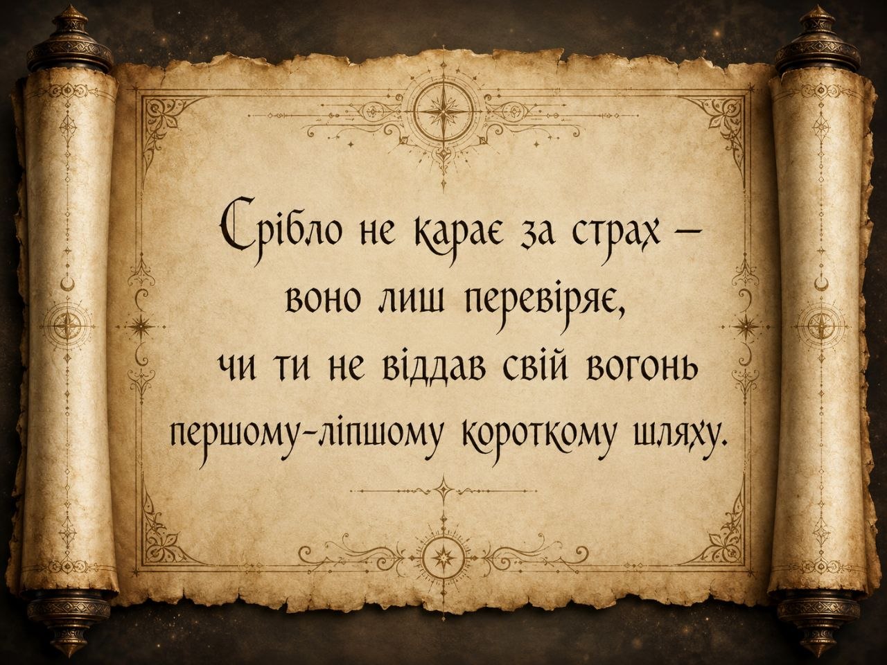 Свиток із сріблястим відблиском на темному тлі, завершальний кадр новели без читабельного тексту на зображенні.