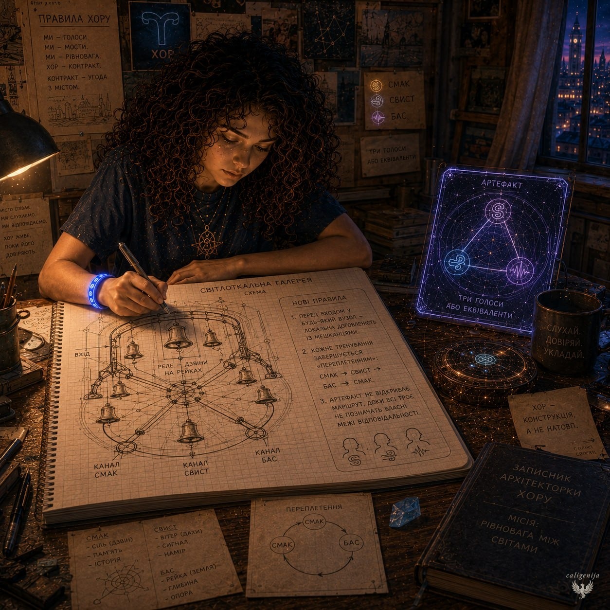 Дарін малює схему Світлоткальної галереї — дзвони на рейках як реле каналів, три нові правила хору